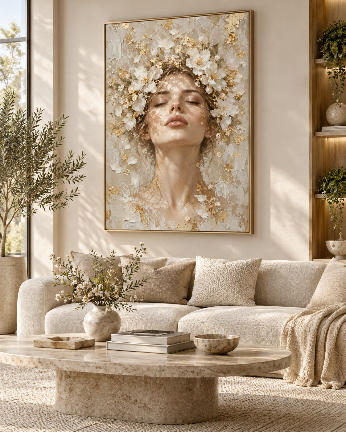 Quadro Mulher com Flores Brancas