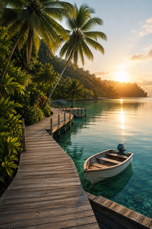Quadro Tropical com Barco e Píer ao Pôr do Sol