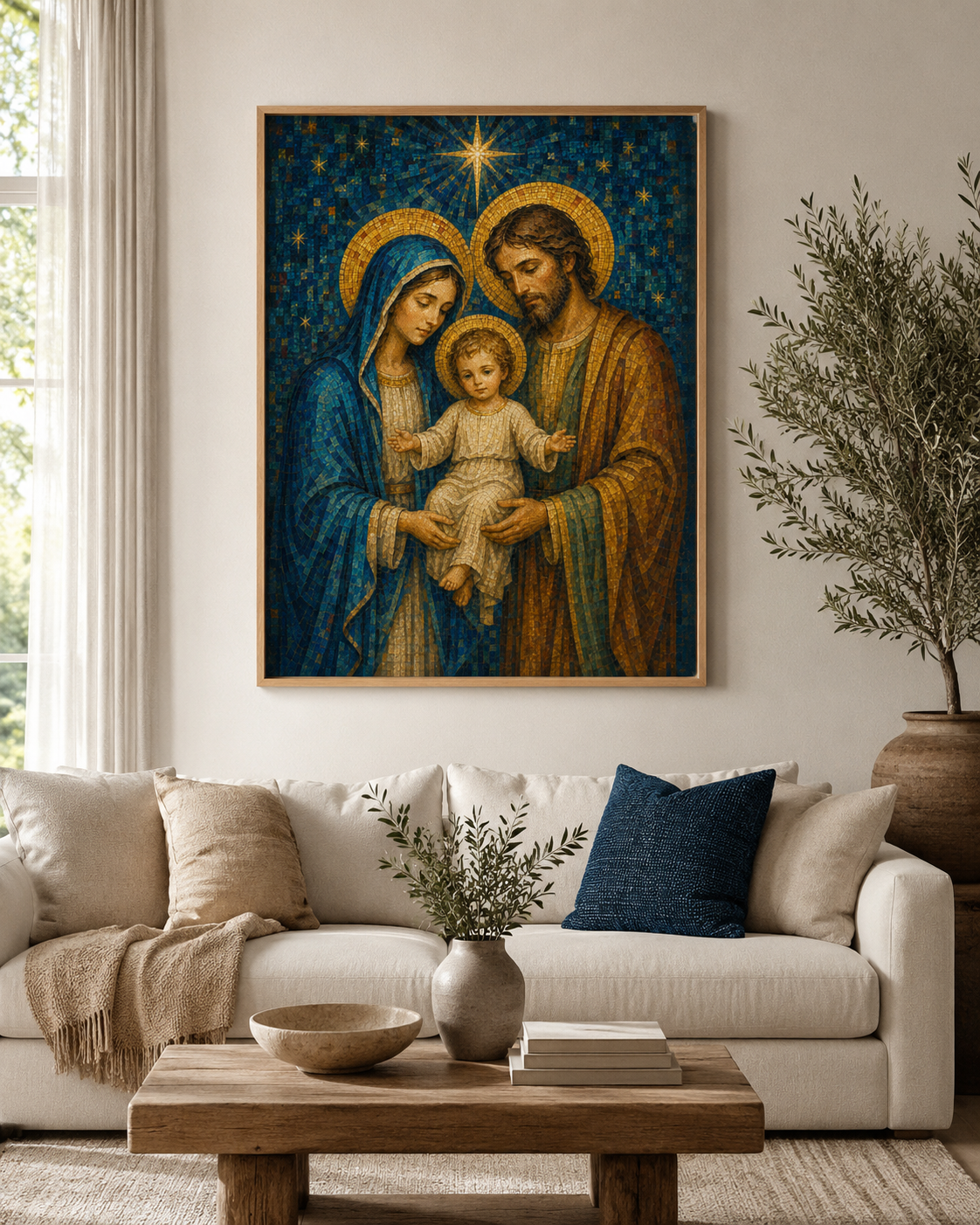 Quadro Sagrada Família em Mosaico Azul e Dourado