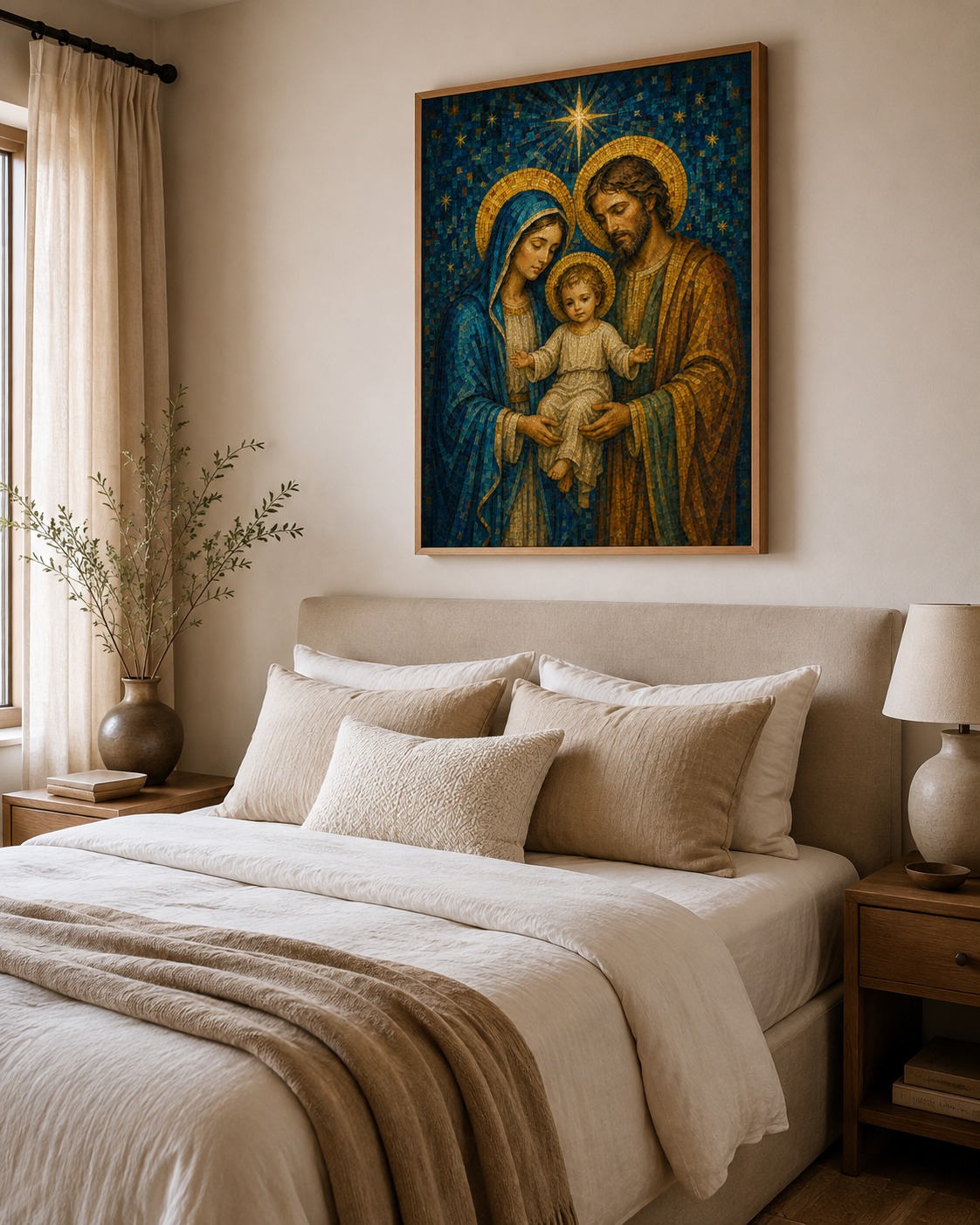 Quadro Sagrada Família em Mosaico Azul e Dourado
