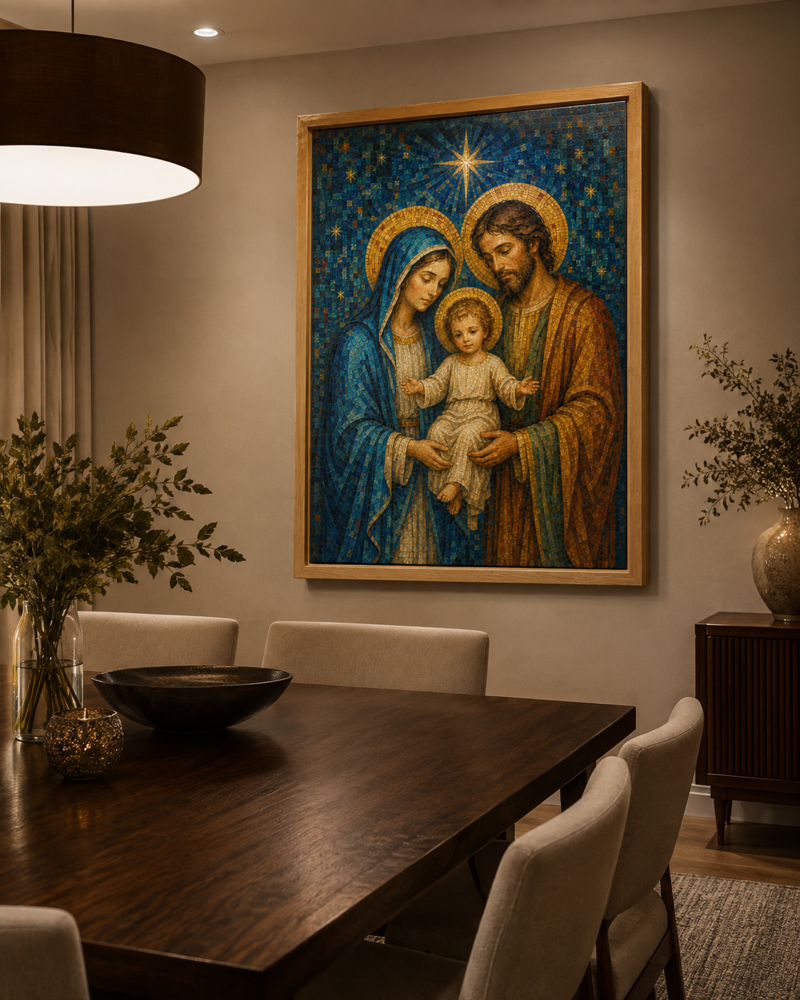 Quadro Sagrada Família em Mosaico Azul e Dourado