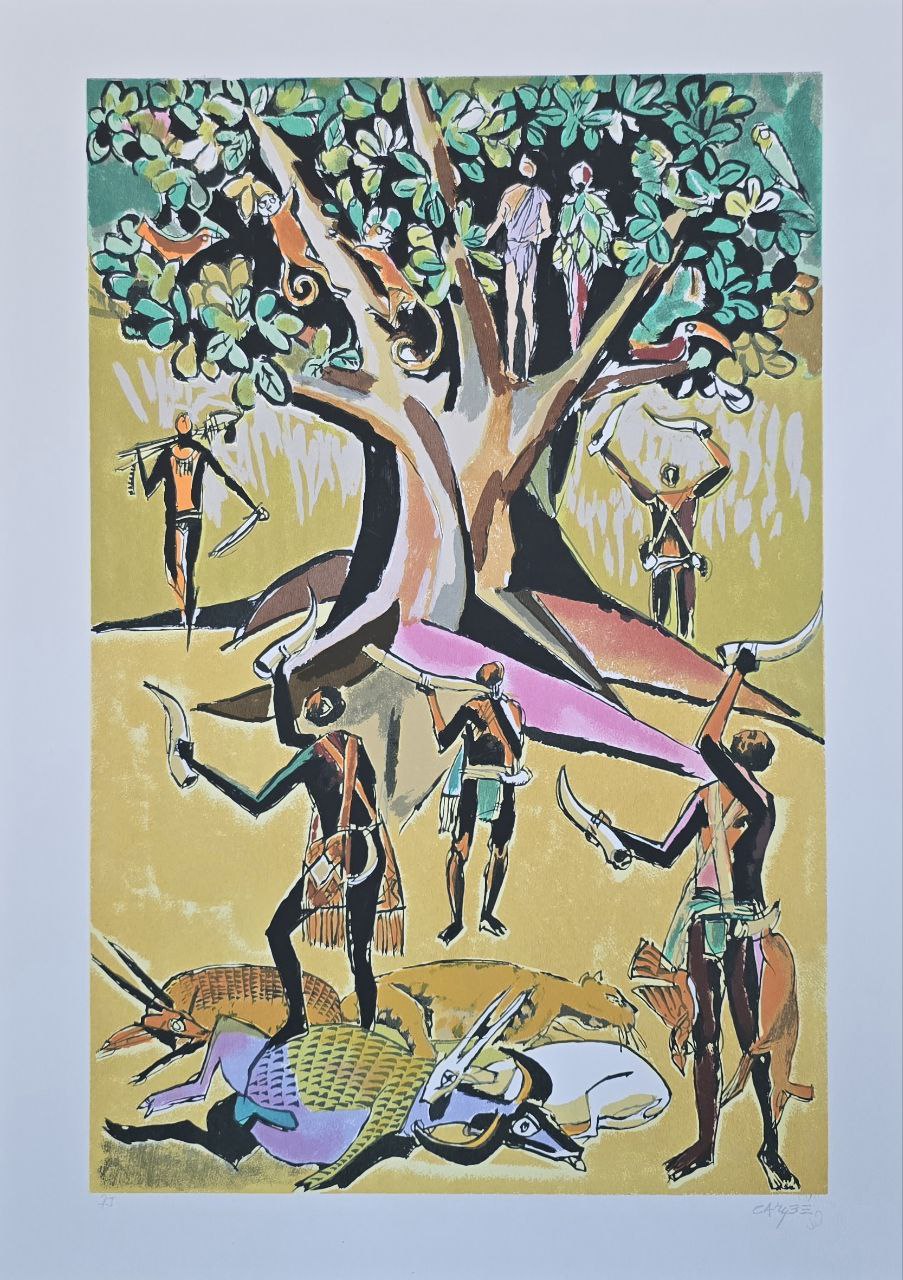 Gravura assinada (homens trabalhando embaixo da arvore verde com animais)  Carybe PI  50 x 70
