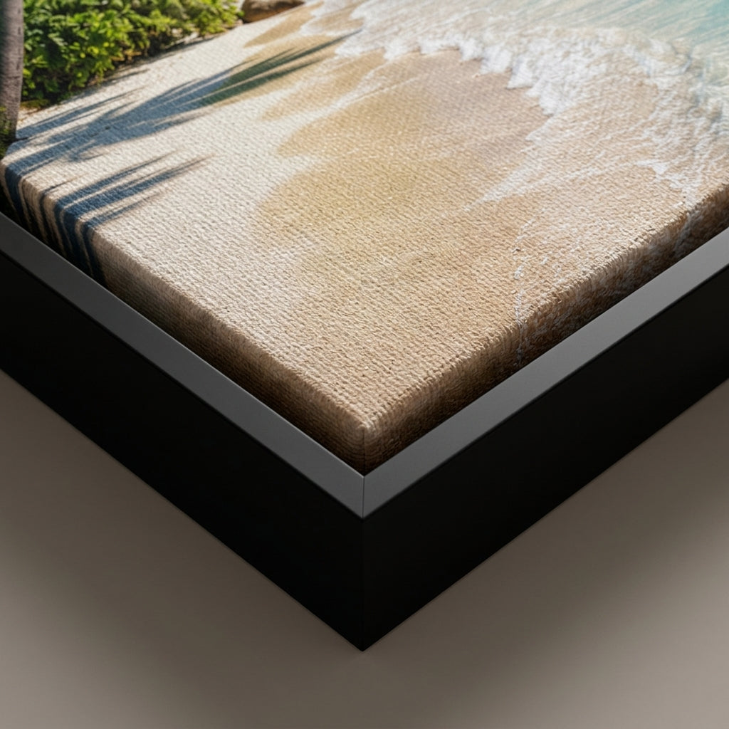 Quadro Praia Tropical com Coqueiros e Mar Azul