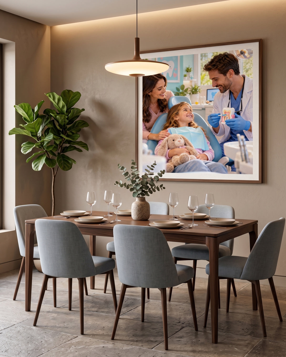 Quadro Odontologia Infantil com Dentista e Criança