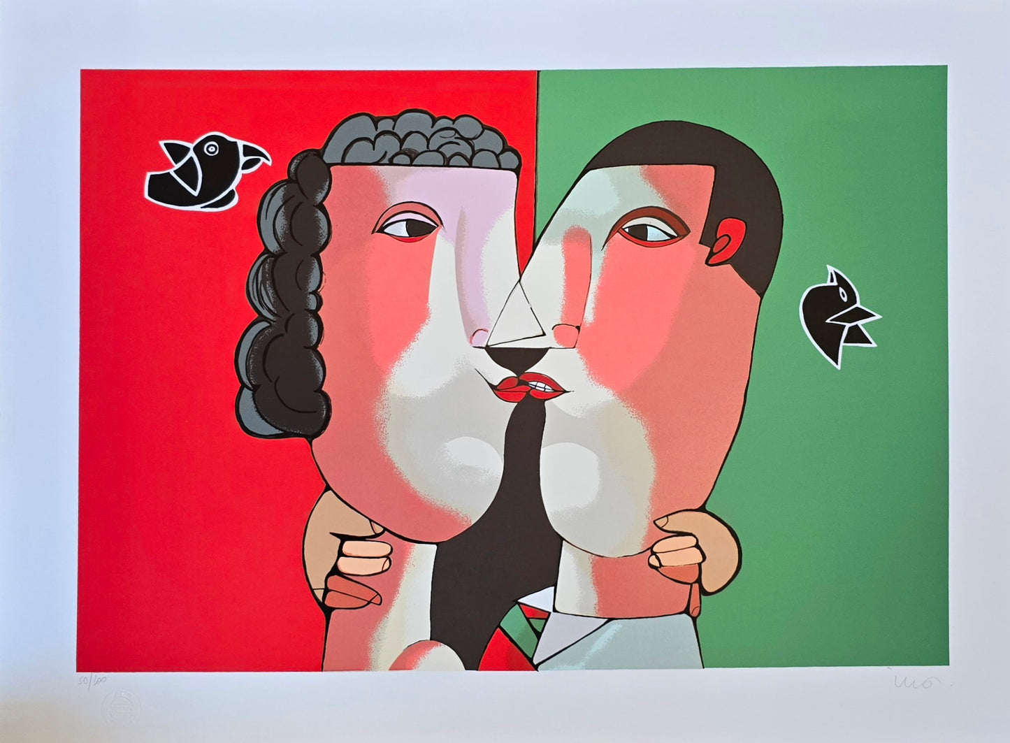 Gravura assinada Casal com dois pássaros verde e vermelho Inos Corradin 50/100 66x48