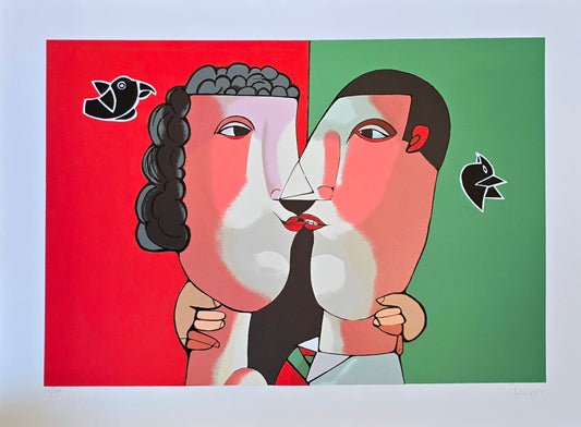 Gravura assinada Casal com dois pássaros verde e vermelho Inos Corradin 50/100 66x48