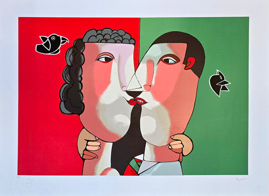 Gravura assinada Casal com dois pássaros verde e vermelho Inos Corradin PA 66x48