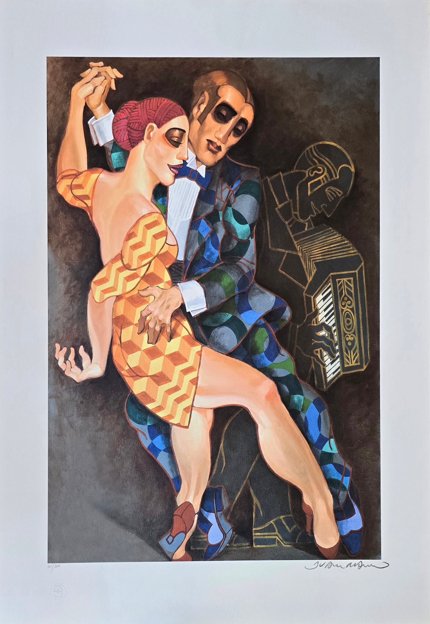 Gravura assinada homem com terno verde e azul e mulher vestido amarelo com quadrados amarelo dançando Juarez Machado 30/100 70x100