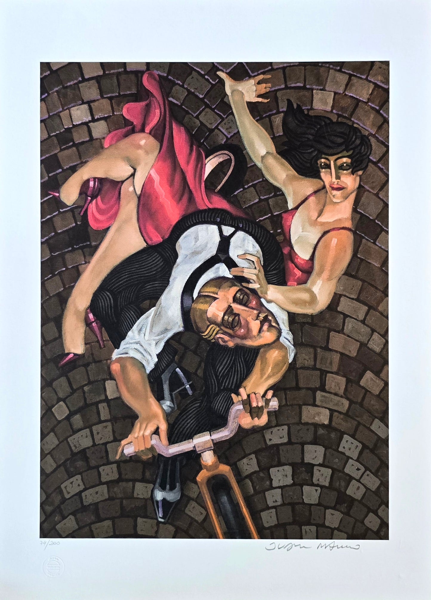 Gravura assinada homem e mulher na bicicleta com vestido rosa  Juarez Machado 74/200 70x50