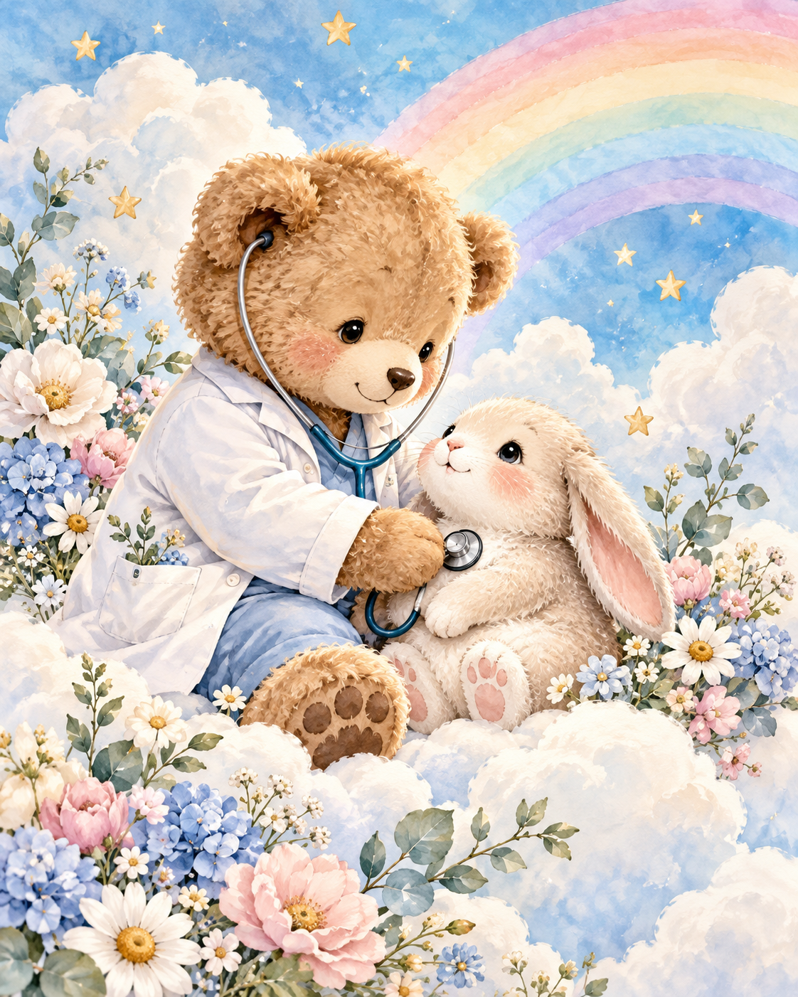 Quadro Urso Médico Infantil com Coelho