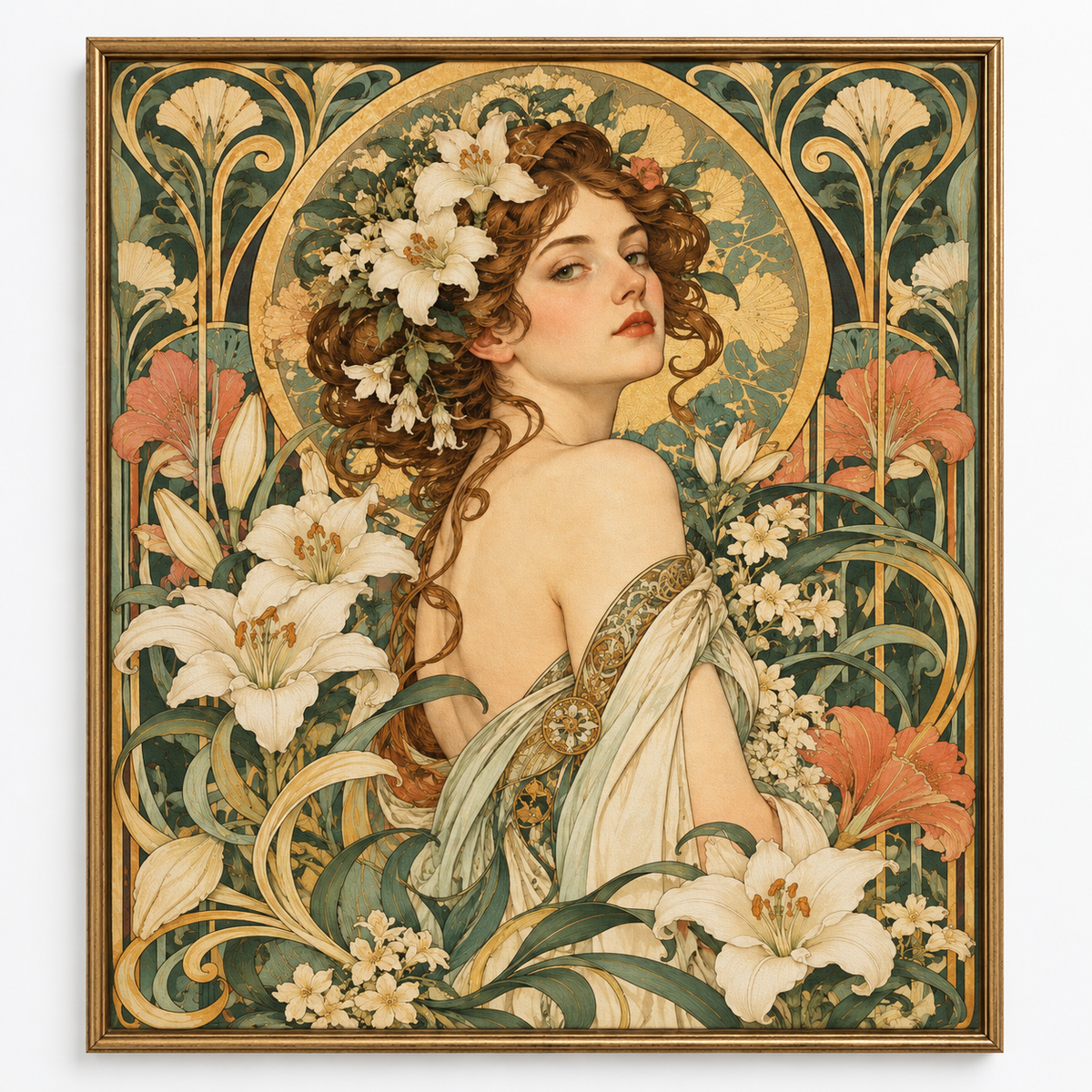 Quadro Mulher Floral Art Nouveau