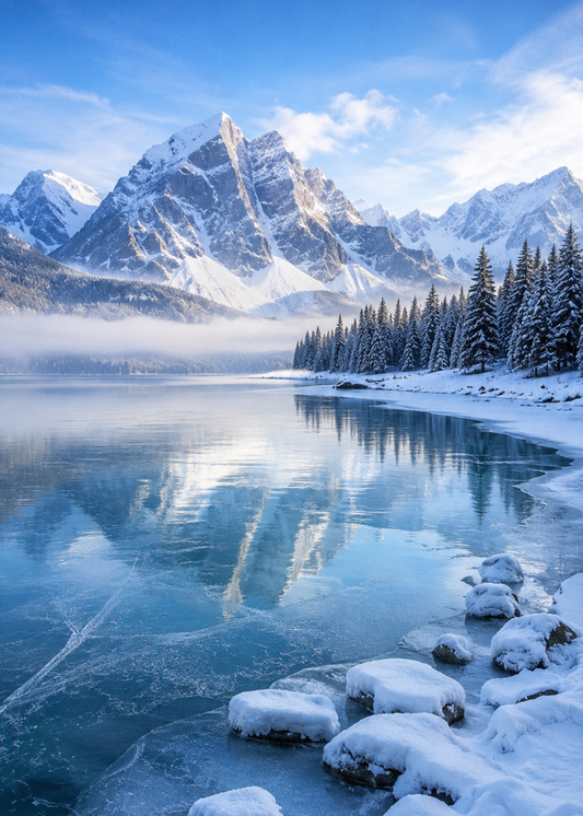 Quadro Paisagem de Montanhas Nevadas e Lago