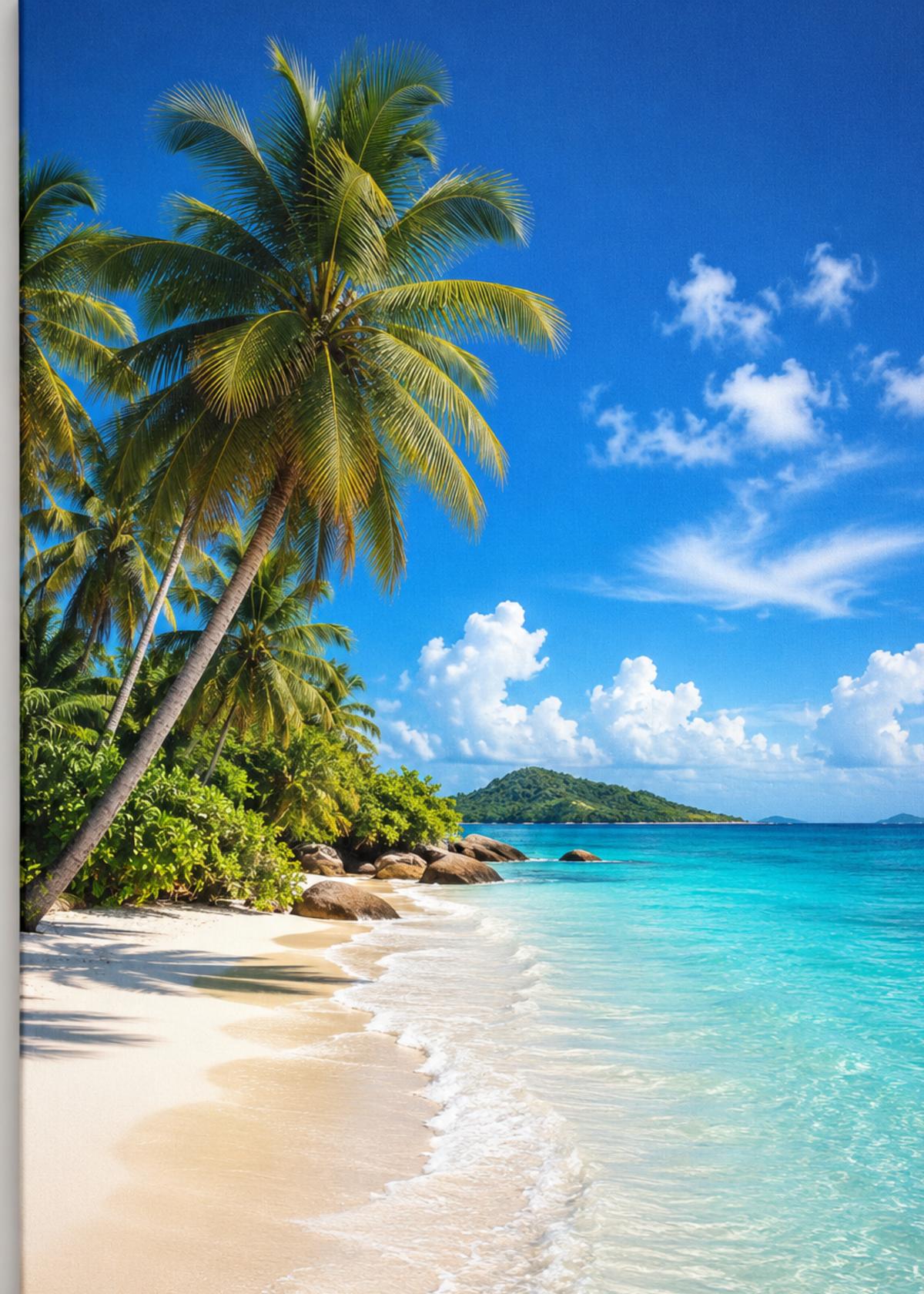 Quadro Praia Tropical com Coqueiros e Mar Azul
