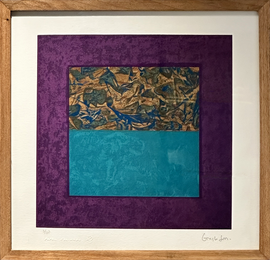 Quadro Pronto com Gravura Assinada - Abstrato fundo roxo, azul e marrom (Gonçalo Ivo)  36,5X36,5 3/50