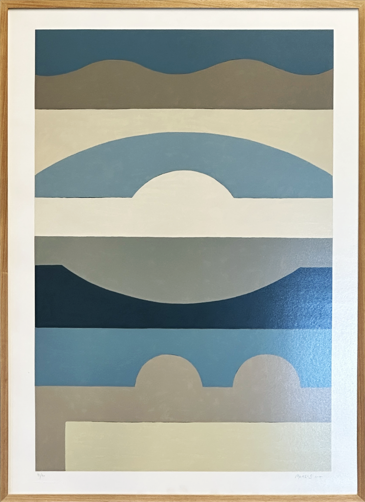 Quadro Pronto com Gravura Assinada - Tela abstrato horizontais azul, cinza e azul escuro (Jaime Prades) 102x74 13/30