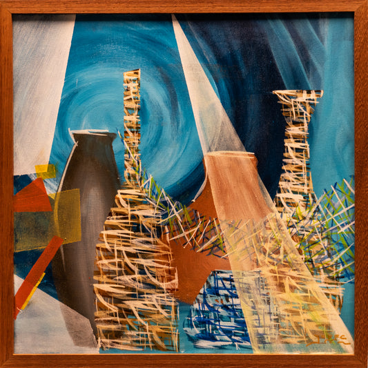 Quadro Pronto (ORIGINAL) - Tela em fundo azul com duas garrafas dois vasos (Jefferson Braga) 53,5X53,5