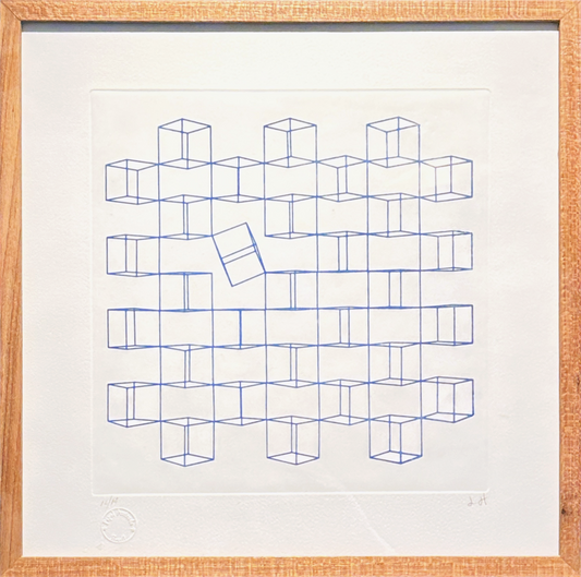 Quadro Pronto com Gravura Assinada - Geométricos azuis (Luiz Hermano) 42X42 12/14