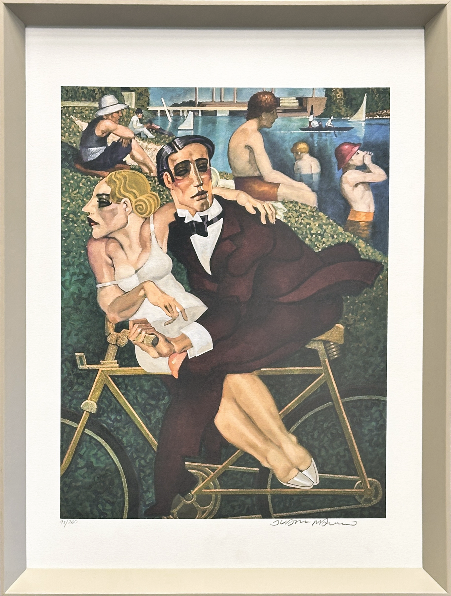 Quadro Pronto com Gravura Assinada - Tela Mulher de Branco e Homem de Vinho na Bicicleta (Juarez Machado)  55X74 98/200