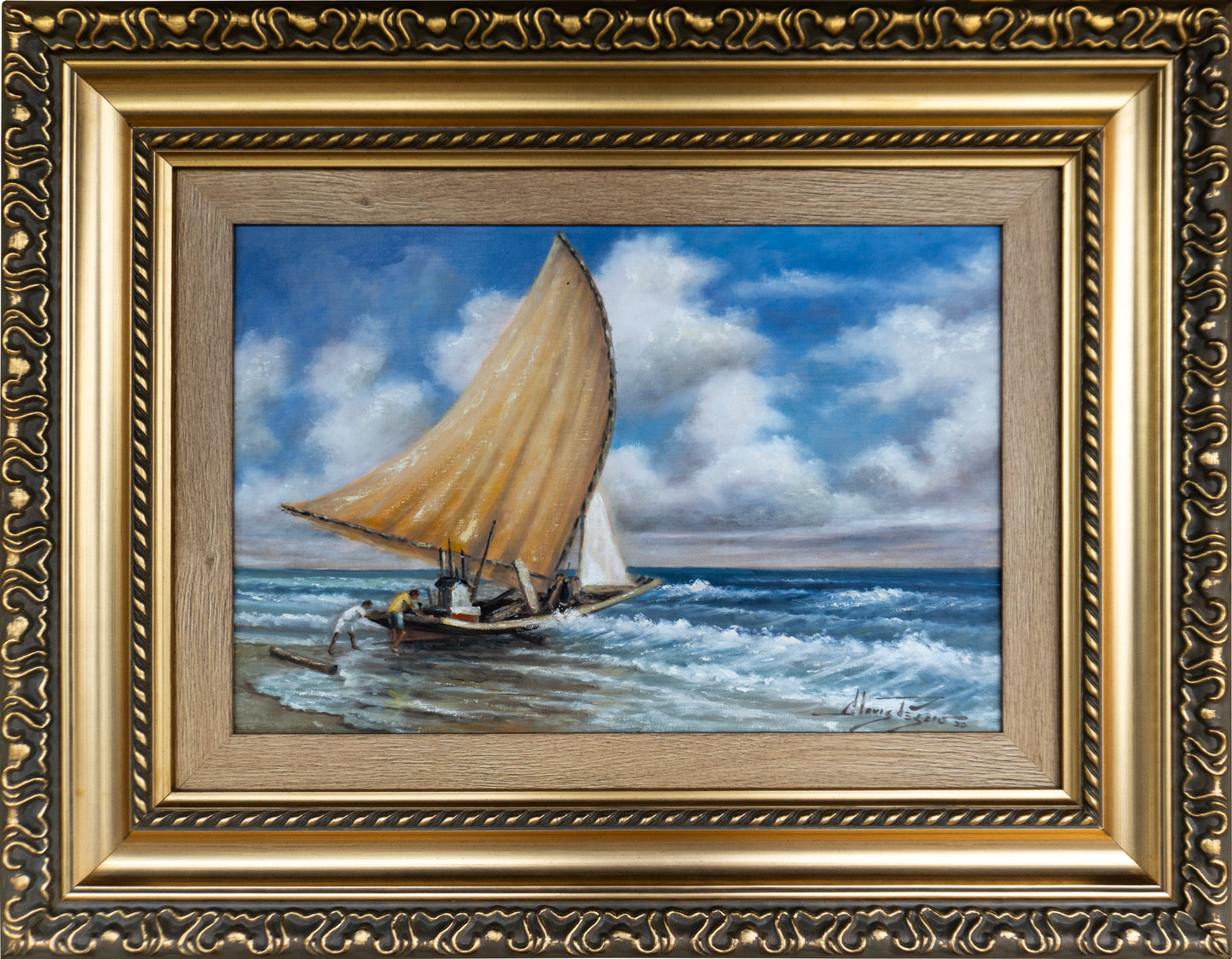 Quadro Pronto com Tela Original Barco no Mar Clóvis 93x71 cm