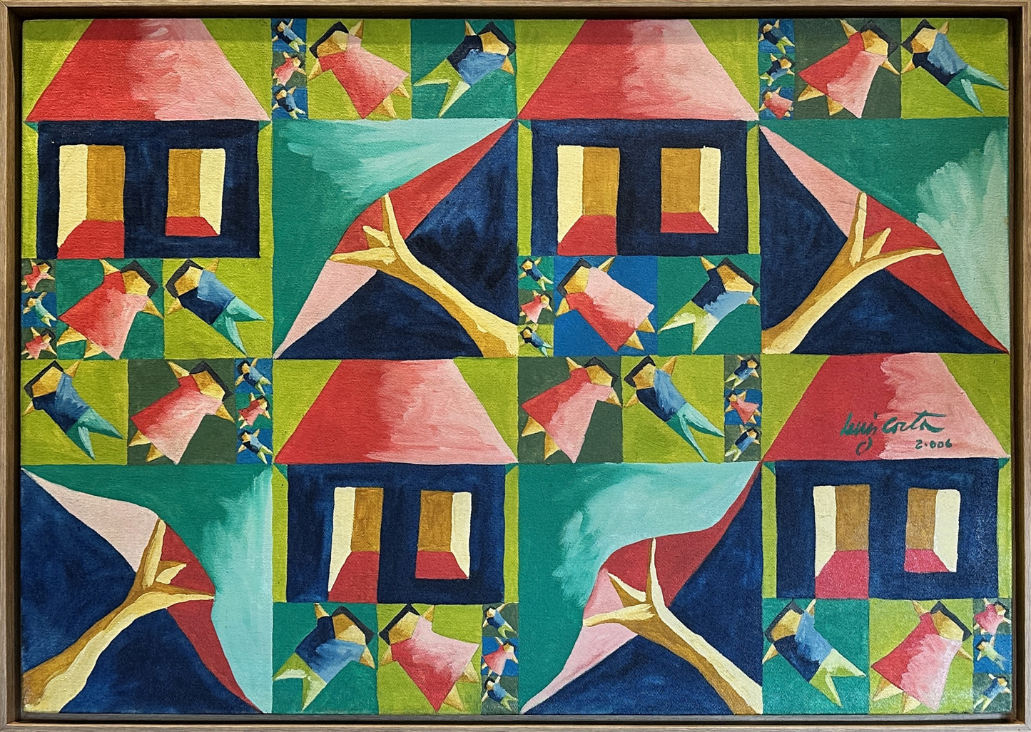 Quadro pronto (ORIGINAL) - Tela Crianças, quadrados verdes e triangulos azuis (Luis Costa) 50X70