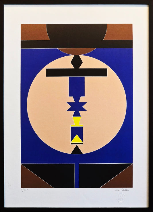 Quadro Pronto com Gravura Assinada  - Abstrato azul, marrom e preto - (Rubem Valentim)  103x73 78/120PM