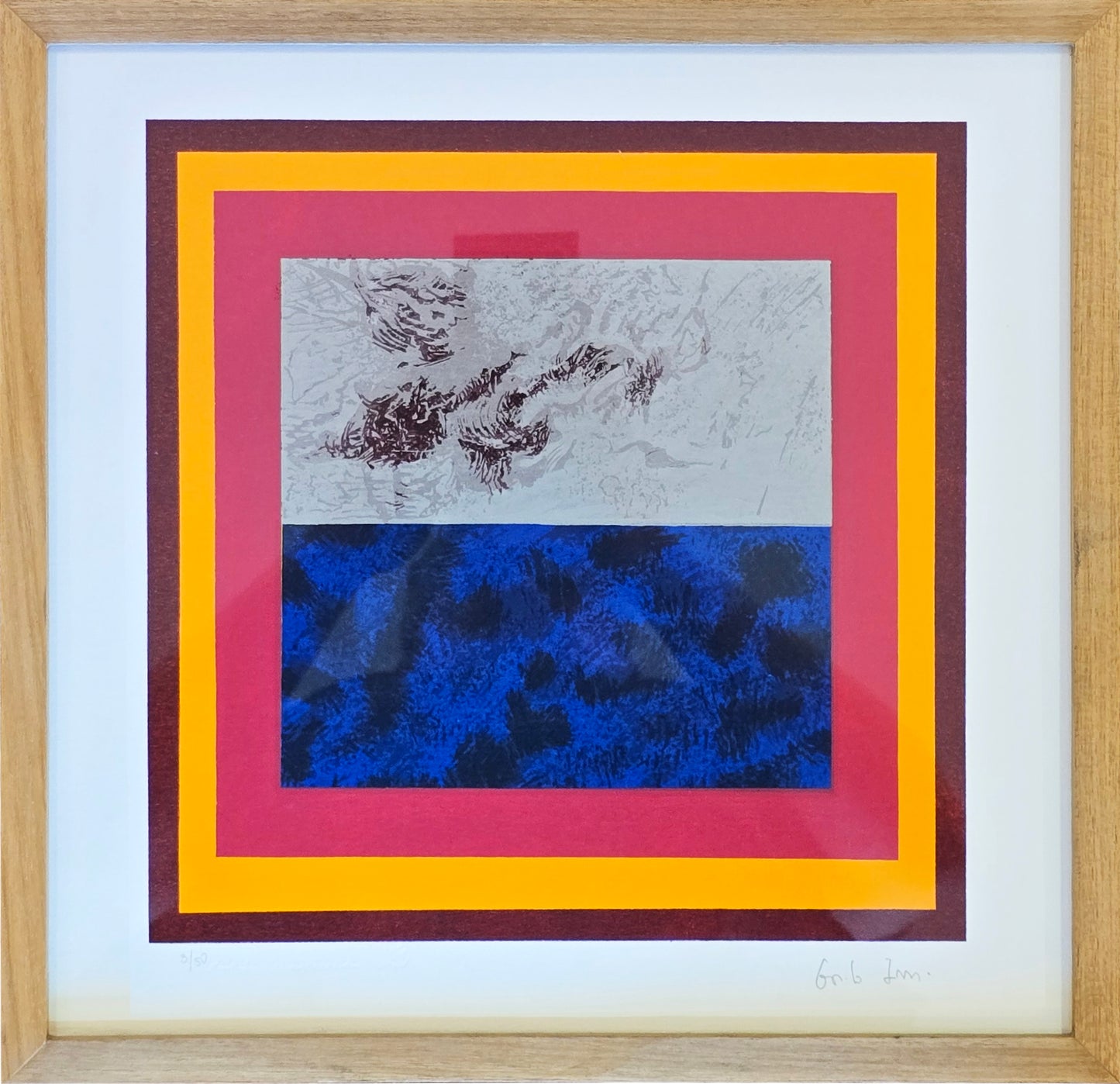 Quadro pronto com Gravura Assinada - Tela cinza, azul e preto (Gonçalo Ivo) 36,5x35  3/50