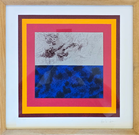 Quadro pronto com Gravura Assinada - Tela cinza, azul e preto (Gonçalo Ivo) 36,5x35  3/50