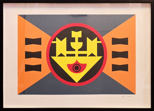 Quadro Pronto com Gravura Assinada - Tela laranja, cinza e preto - (Rubem Valentim) 52,5x72  69/120PM