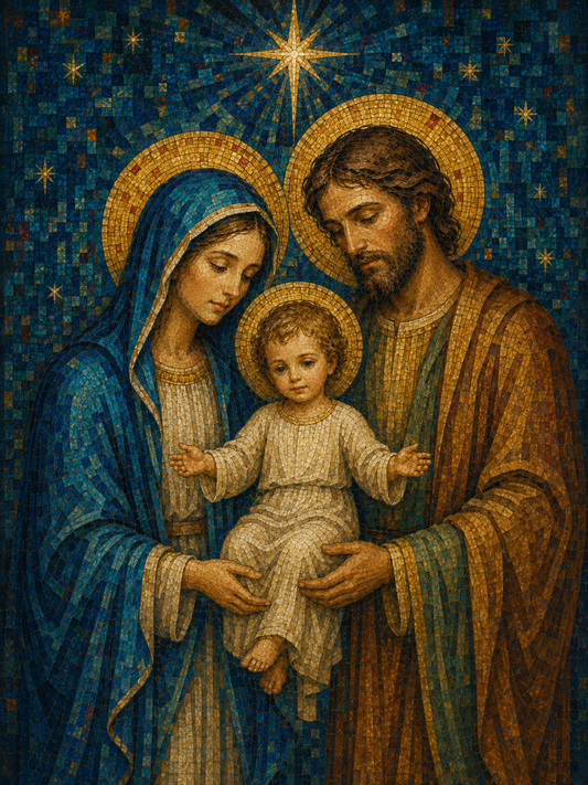 Quadro Sagrada Família em Mosaico Azul e Dourado