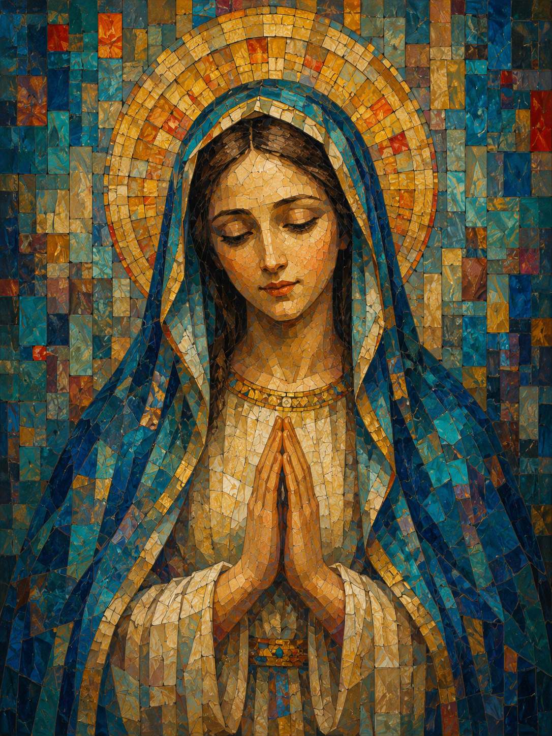 Quadro Virgem Maria em Oração em Mosaico